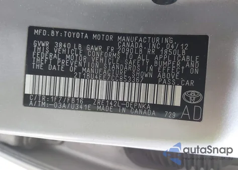 2012 Toyota Corolla Le из США, поврежденный, VIN 2T1BU4EE7CC853367